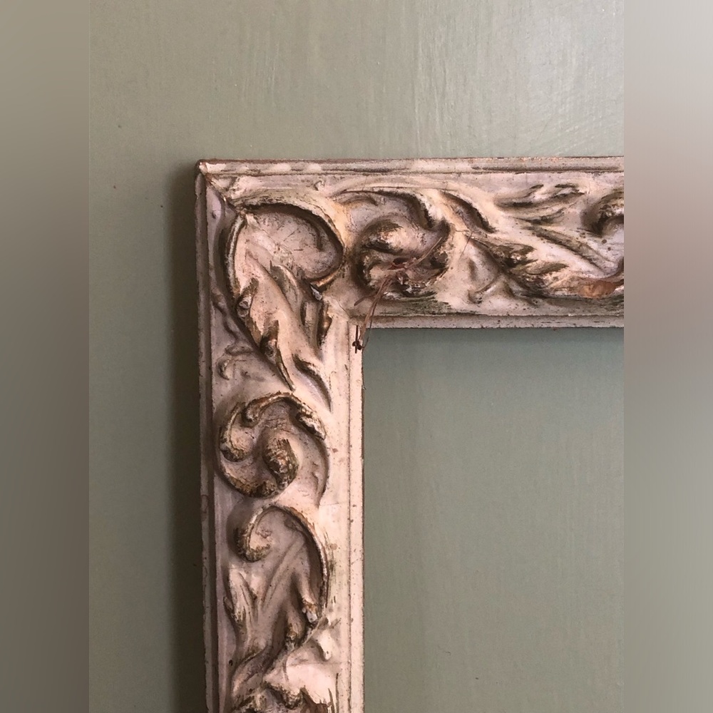 Vintage White Wood Ornate Picture Frame Baroque Style Holds 22.5 X 14”, Shabby